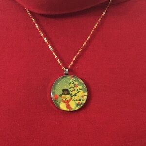 XMAS CHEERY Snowman pendant & gold stainless chain w/ red beads.